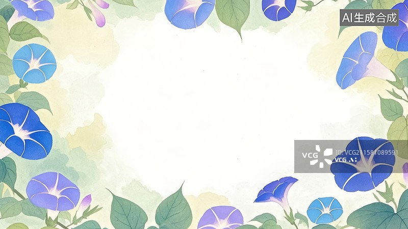 【AI数字艺术】装饰边框水墨画背景，一丛喇叭花，最大图片素材
