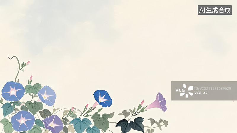 【AI数字艺术】装饰边框水墨画背景，一丛喇叭花，左下图片素材