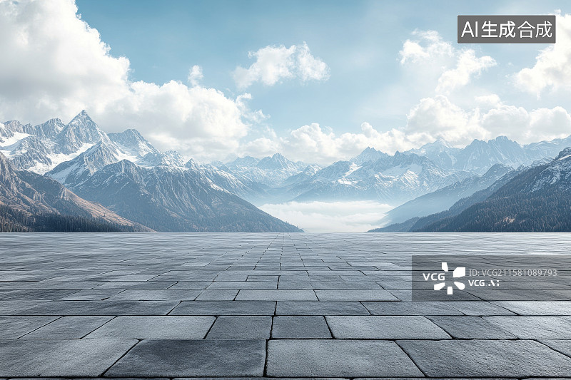 【AI数字艺术】石板路延伸至雪山云海图片素材
