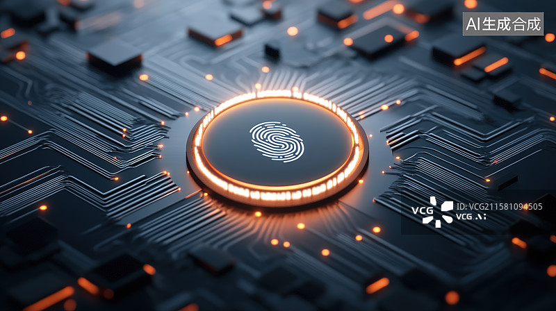 【AI数字艺术】3D渲染科技风黑色背景下的发光指纹图片素材