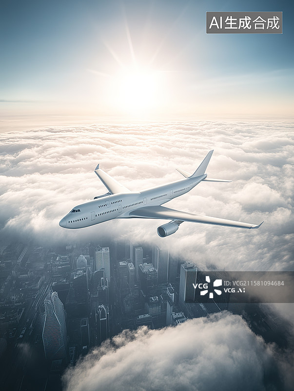 【AI数字艺术】航拍视角阳光下飞过城市上空的飞机图片素材