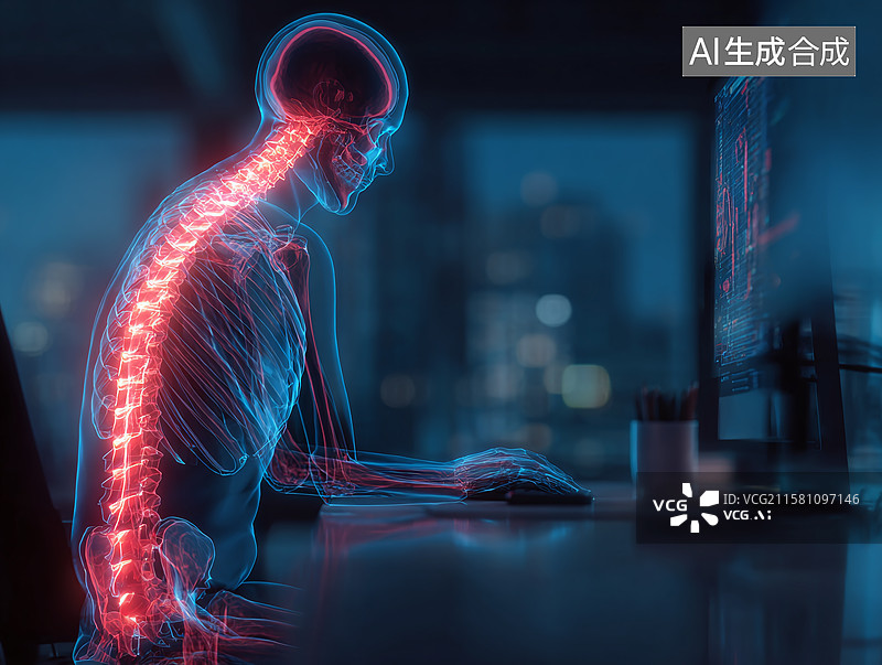 【AI数字艺术】人体骨骼透视视角下，办公场景中久坐工作对脊柱健康的科技化警示图片素材