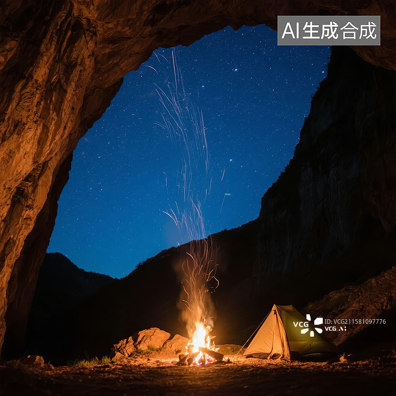 【AI数字艺术】洞穴夜景下的篝火与帐篷图片素材