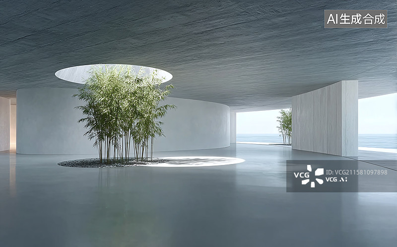 【AI数字艺术】室内空间借圆形天窗引光，以丛竹、倒影融合海景，诠释极简现代建筑美学图片素材