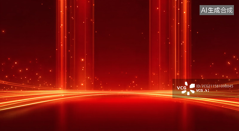 【AI数字艺术】红色光线勾勒炫酷舞台轨迹，光束与光影交织营造超强氛围感视觉背景图片素材