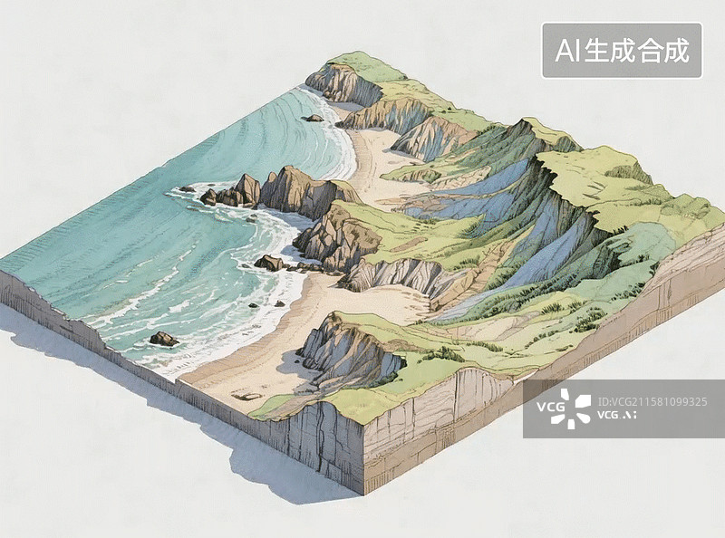 【AI数字艺术】海洋沙滩浪花海风海岸线悬崖山地自然地理地貌地形剖面断层钢笔淡彩手绘科普2.5D三维微缩景观模型动画图图片素材