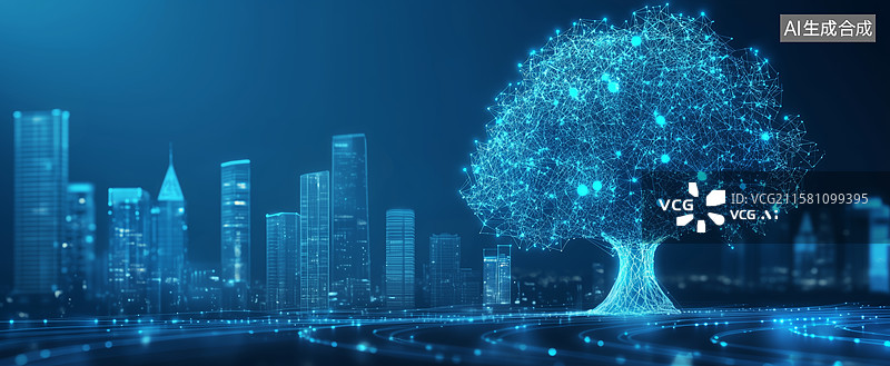 【AI数字艺术】未来城市与发光树的科技景象图片素材