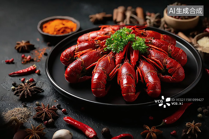 【AI数字艺术】美味的十三香龙虾，桌子上的各类香料图片素材