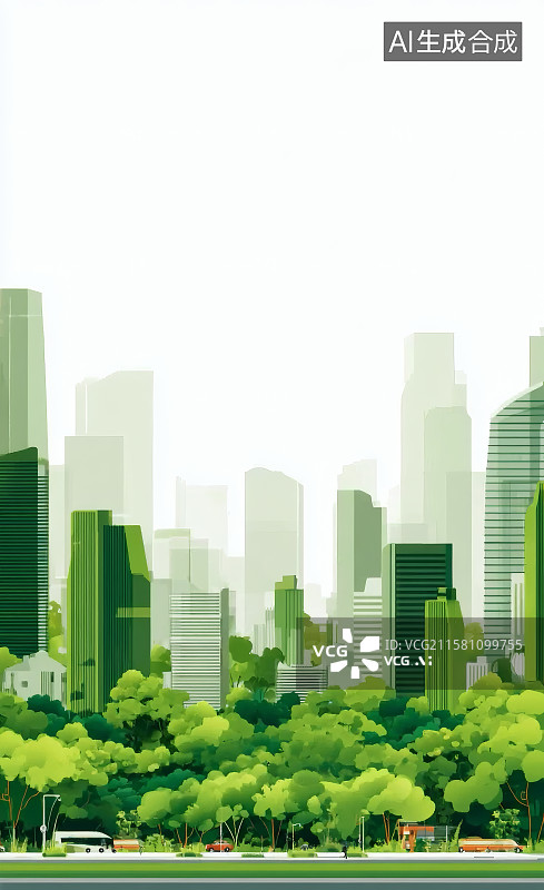 【AI数字艺术】绿化带，绿色城市，城市天际线，上方留白图片素材
