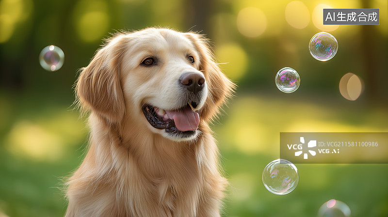 【AI数字艺术】金毛犬与泡泡的欢乐时光图片素材
