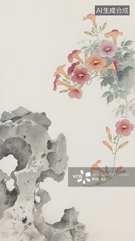 【AI数字艺术】中式水墨画风格的凌霄花与太湖石图片素材