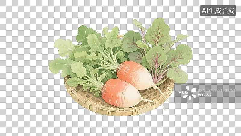【AI数字艺术】竹筐萝卜春菜苋菜，平面水彩画图片素材