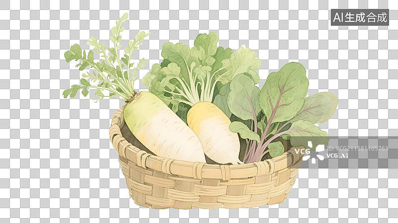 【AI数字艺术】竹筐萝卜春菜苋菜，平面水彩画图片素材