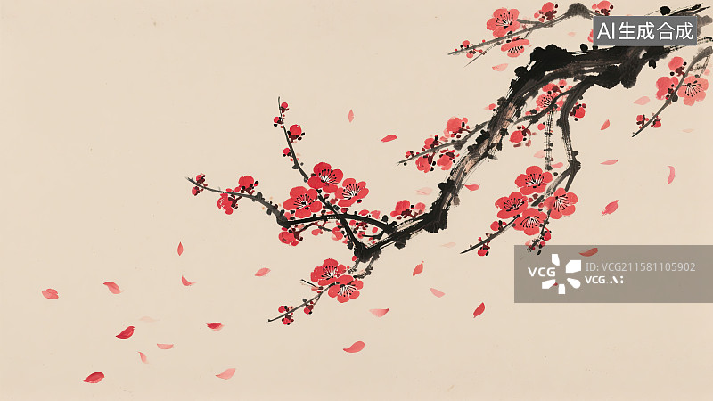 【AI数字艺术】梅花，中国画，花，枝，插画图片素材