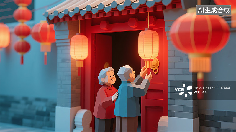 【AI数字艺术】爷爷奶奶在大门外挂红灯笼节日喜庆三维图图片素材
