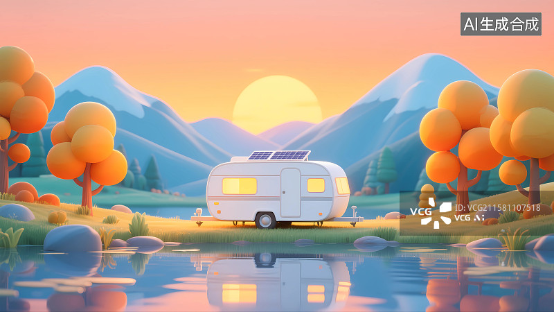 【AI数字艺术】户外湖泊边的现代房车图片素材