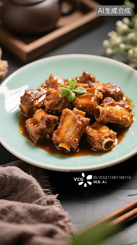 【AI数字艺术】青瓷盘中酸甜可口的糖醋排骨图片素材