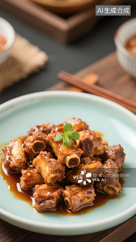 【AI数字艺术】青瓷盘中酸甜可口的糖醋排骨图片素材