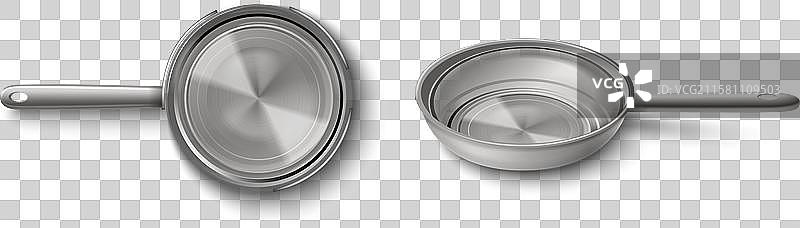 灰色透明的新不锈钢煎锅的顶部和侧面视图图片素材