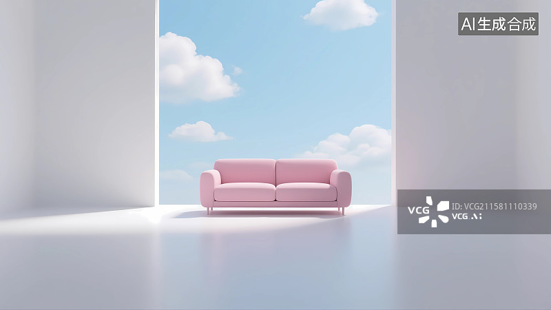 【AI数字艺术】以蓝天白云为背景的室内粉色沙发图片素材