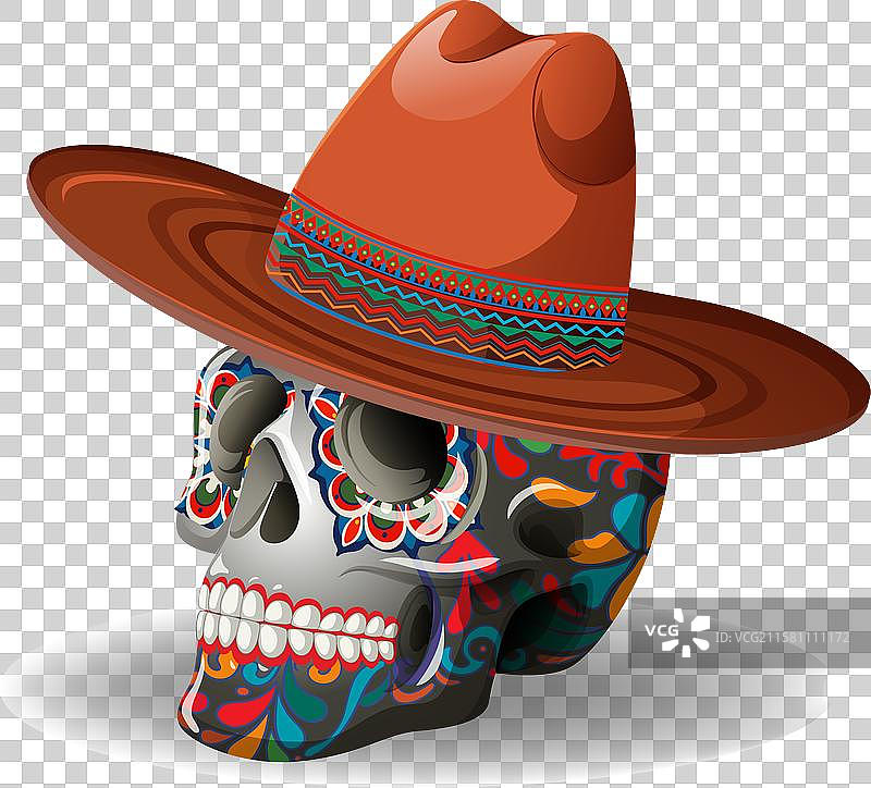 佩戴传统墨西哥帽子的装饰性骷髅图片素材