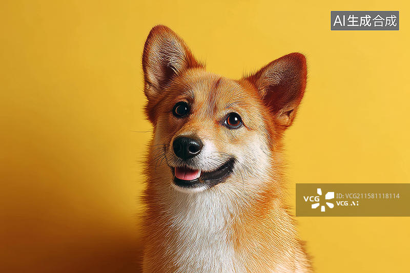 【AI数字艺术】黄色背景下快乐狗狗的肖像特写图片素材