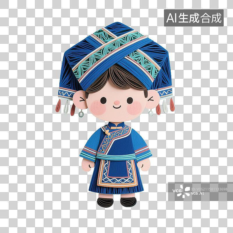 【AI数字艺术】3D渲染，衍纸风格卡通人物，穿壮族服饰的小美女，壮族，少数民族，传统文化，三月三，免抠元素图片素材