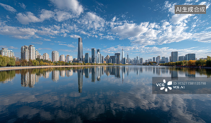 【AI数字艺术】城市湖畔倒影美景图片素材