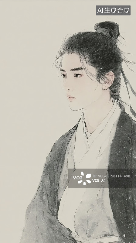【AI数字艺术】传统水墨画，穿着汉服的古代美男子图片素材