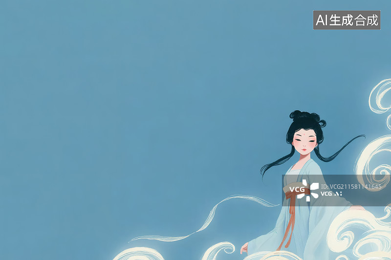 【AI数字艺术】蓝色背景，云端的仙女，左上角留白图片素材