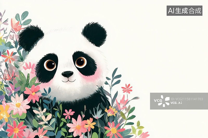 【AI数字艺术】花丛中的一只大熊猫幼崽，右边留白图片素材