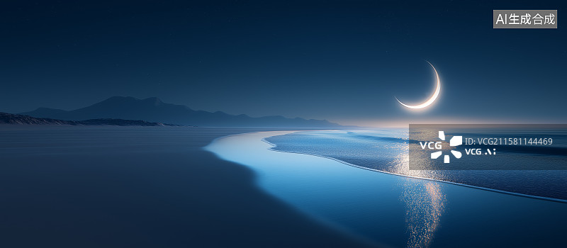 【AI数字艺术】梦幻风景背景——夜晚的黑沙滩与月亮图片素材