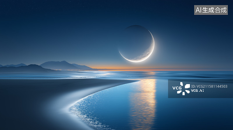 【AI数字艺术】梦幻风景背景——夜晚的黑沙滩与月亮图片素材