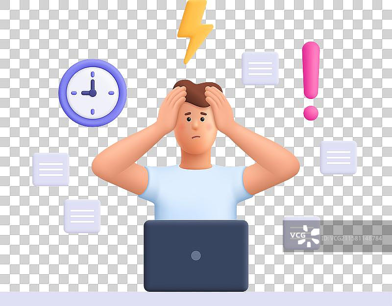 忙碌且压力重重的男人在电脑前工作，手中拿着……图片素材