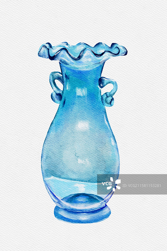 水彩手绘文物清代海蓝玻璃花口双耳瓶图片素材