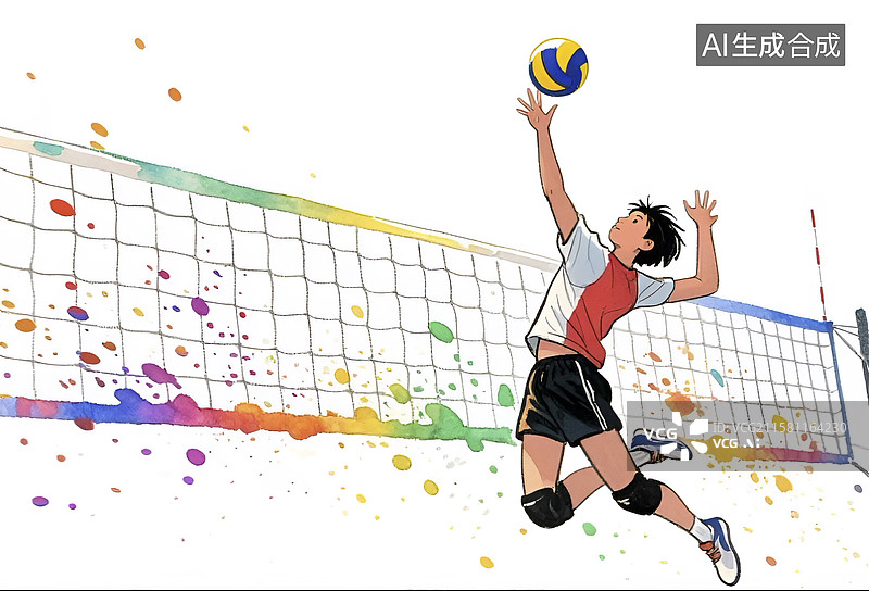 【AI数字艺术】排球运动员扣球瞬间插画图片素材