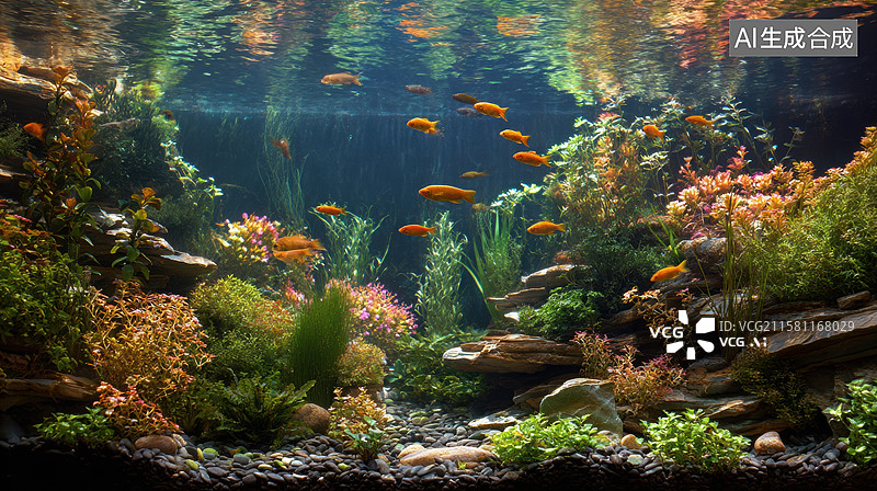 【AI数字艺术】水下生态景观，色彩斑斓的鱼群与植物图片素材
