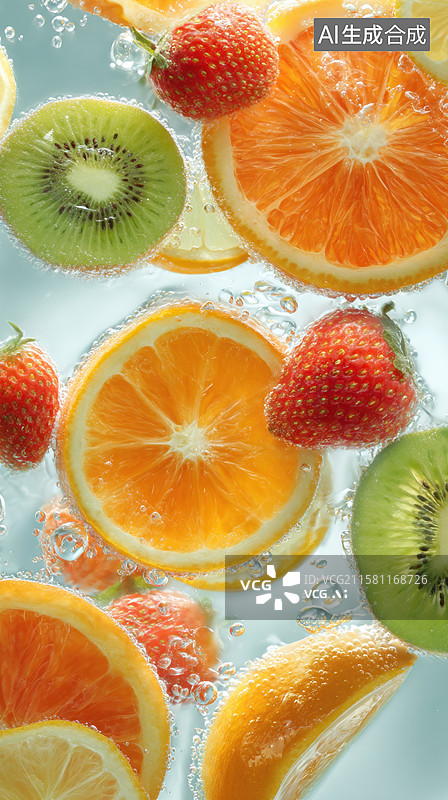 【AI数字艺术】新鲜水果切片在水中漂浮图片素材