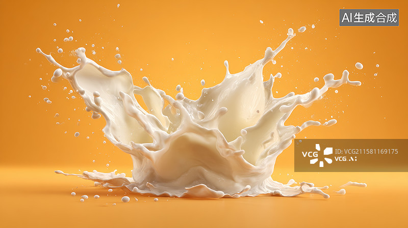 【AI数字艺术】牛奶飞溅瞬间，橙色背景图片素材