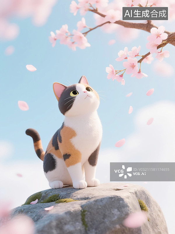 【AI数字艺术】3D三花猫看樱花插画图片素材