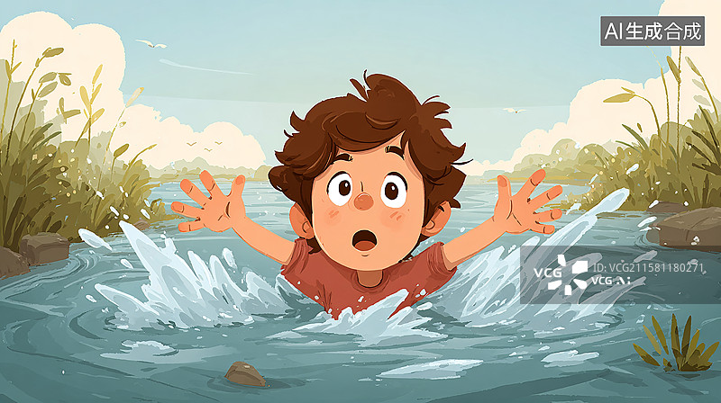 【AI数字艺术】野外游泳，落水男孩溺水警示图图片素材