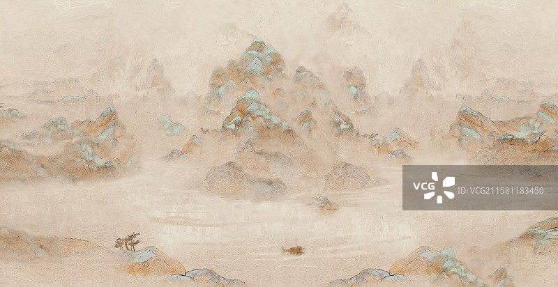 手绘新中式千里江山图 山水画图片素材