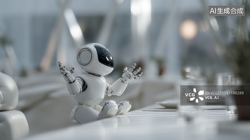 【AI数字艺术】小型机器人在餐桌旁互动图片素材
