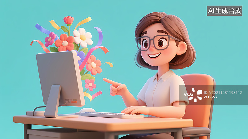 【AI数字艺术】人坐在办公桌前出现花朵3D立体卡通插画图片素材