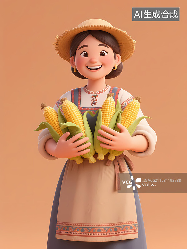 【AI数字艺术】农民报这玉米微笑3D立体卡通插画图片素材