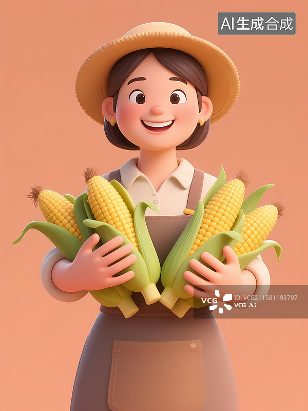 【AI数字艺术】农民报这玉米微笑3D立体卡通插画图片素材