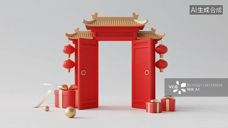 【AI数字艺术】中式门楼喜庆3D场景图片素材