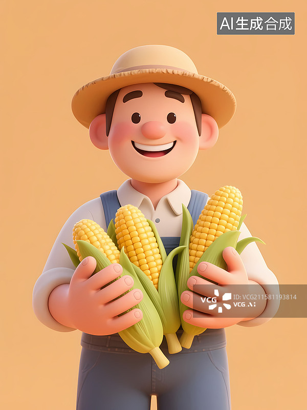 【AI数字艺术】农民报这玉米微笑3D立体卡通插画图片素材