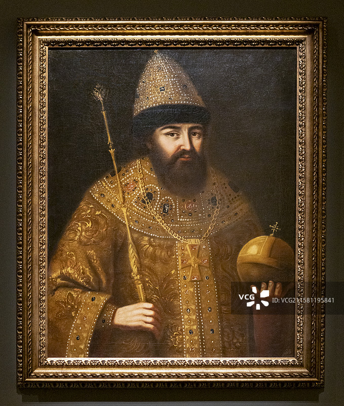 国博-俄宴风华-克里姆林宫博物馆藏餐饮文化精品展-沙皇阿列克谢·米哈伊洛维奇肖像-布面油画-18世纪图片素材