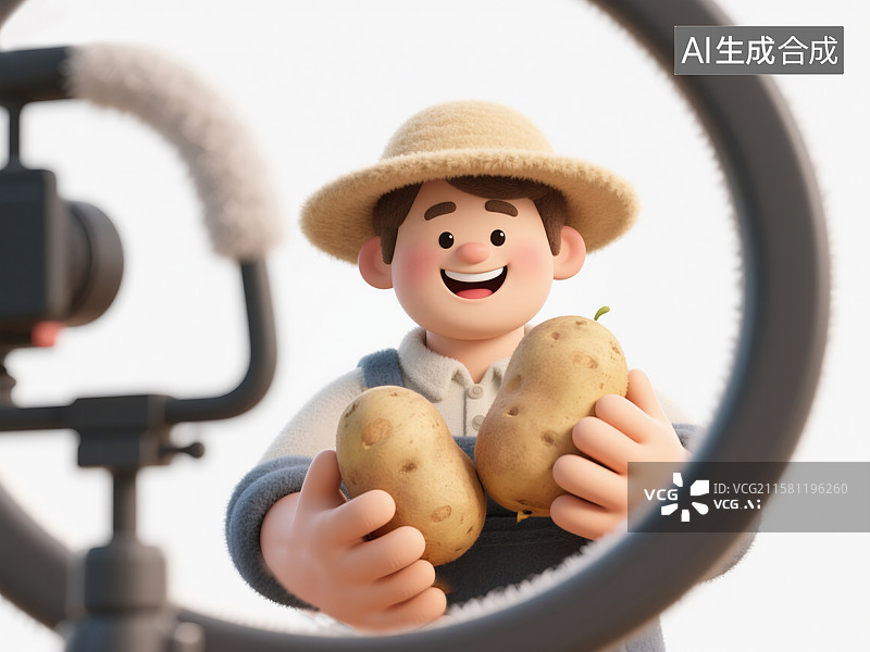 【AI数字艺术】乡村电商革命少数民族农民直播丰收土豆直播助农乡村振兴3D创意插画毛毡农业推广加班劳动节新职位岗位商业图片素材